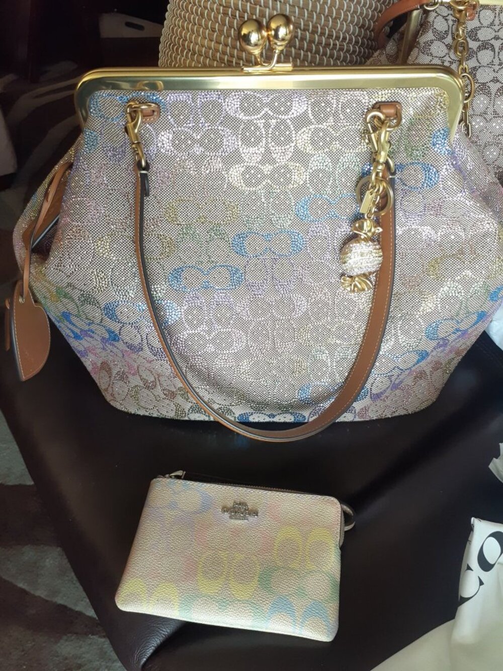 Coach Large Kisslock Frame Bag Rainbow Crystal Signature Jacquard